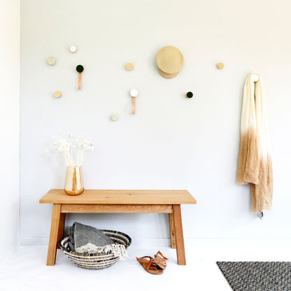 Round Beech Wood & Ceramic Wall Mounted Coat Hook / Hanger with Leather Strap - White Sand