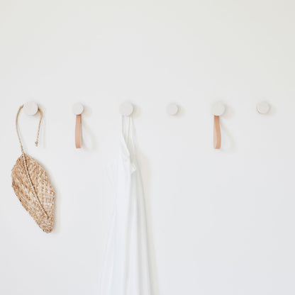Round Beech Wood & Ceramic Wall Mounted Coat Hook / Hanger with Leather Strap - White Sand