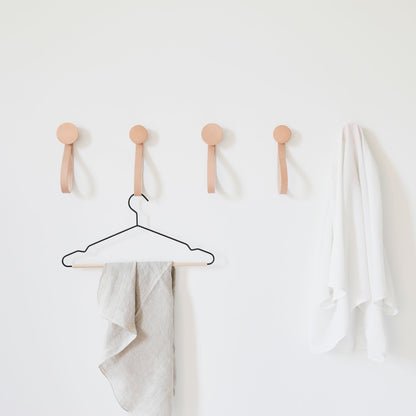Round Beech Wood & Copper Wall Mounted Coat Hook / Hanger with Leather Strap