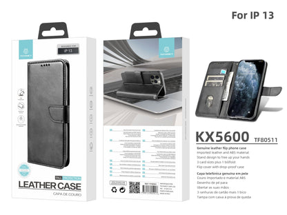 Capa flip em couro para telemóvel com 3 ranhuras para cartões, KX5600, função suporte e proteção contra choques, compatível com iPhone 13, Preto