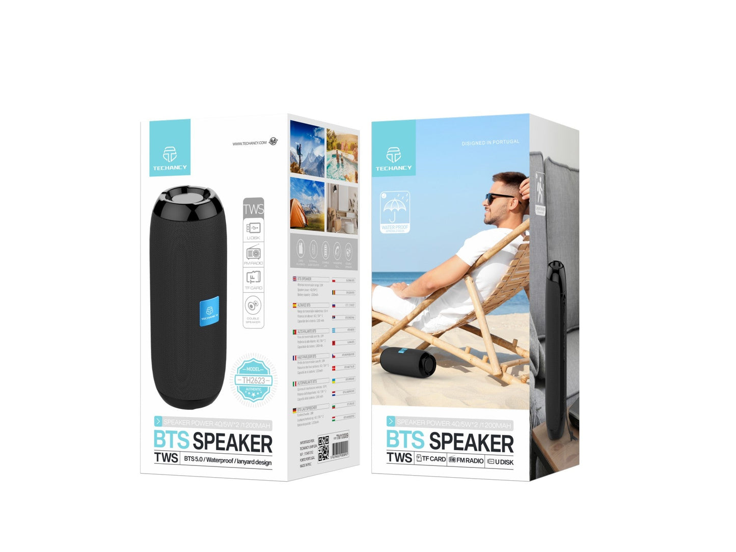 Techancy Bluetooth Audio Black TH2623, 5w*2 Altifalantes, Bateria Incorporada, Suporta Ligação Sem Fios 5.0/Tf/U Disk/Aux