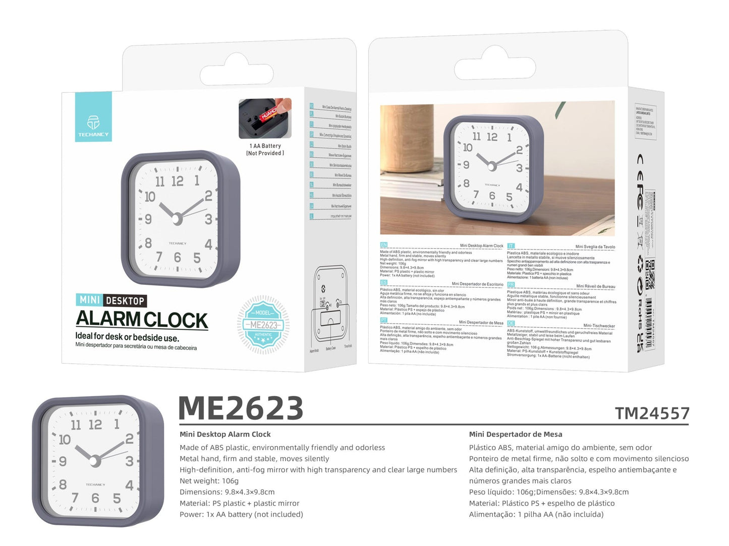 Techancy Mini despertador de mesa ME2623 silencioso números grandes espelho HD corpo ABS portátil para quarto e escritório cor cinzenta
