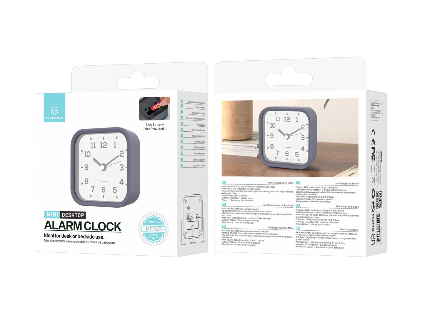 Techancy Mini despertador de mesa ME2623 silencioso números grandes espelho HD corpo ABS portátil para quarto e escritório cor cinzenta