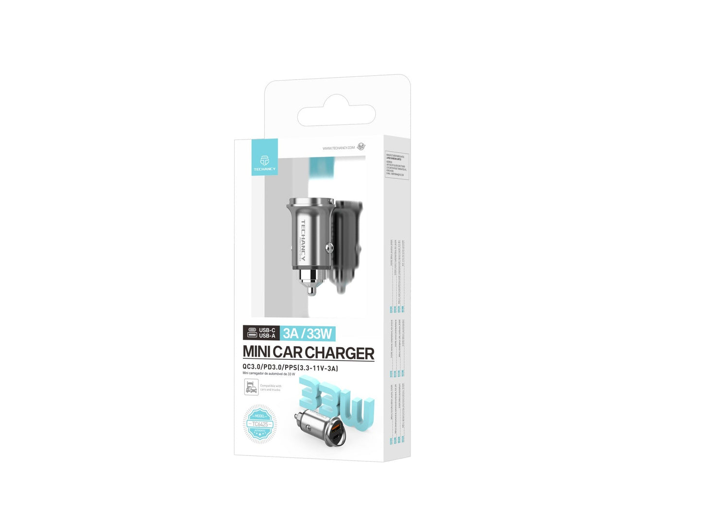 Techancy Mini Carregador TC6425, 33W, USB-A+USB-C, Liga de AlumInio, CompatIvel com Carros, Design Seguro e Confiavel