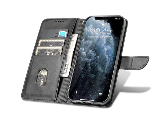 Capa flip em couro para telemóvel com 3 ranhuras para cartões, KX5600, função suporte e proteção contra choques, compatível com iPhone 13, Preto