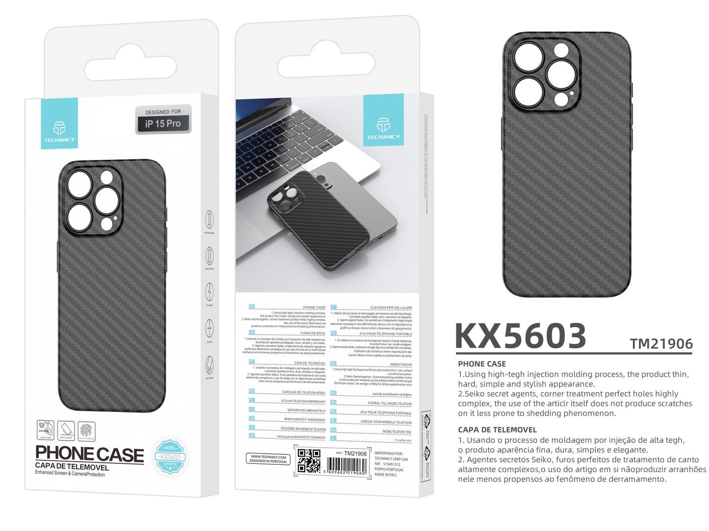 Techancy Capa Para Telemóvel Ultra Fina Em Fibra De Carbono KX5603, Compatível Com Iphone 15 Pro, Material Pp De 0,5 Mm.
