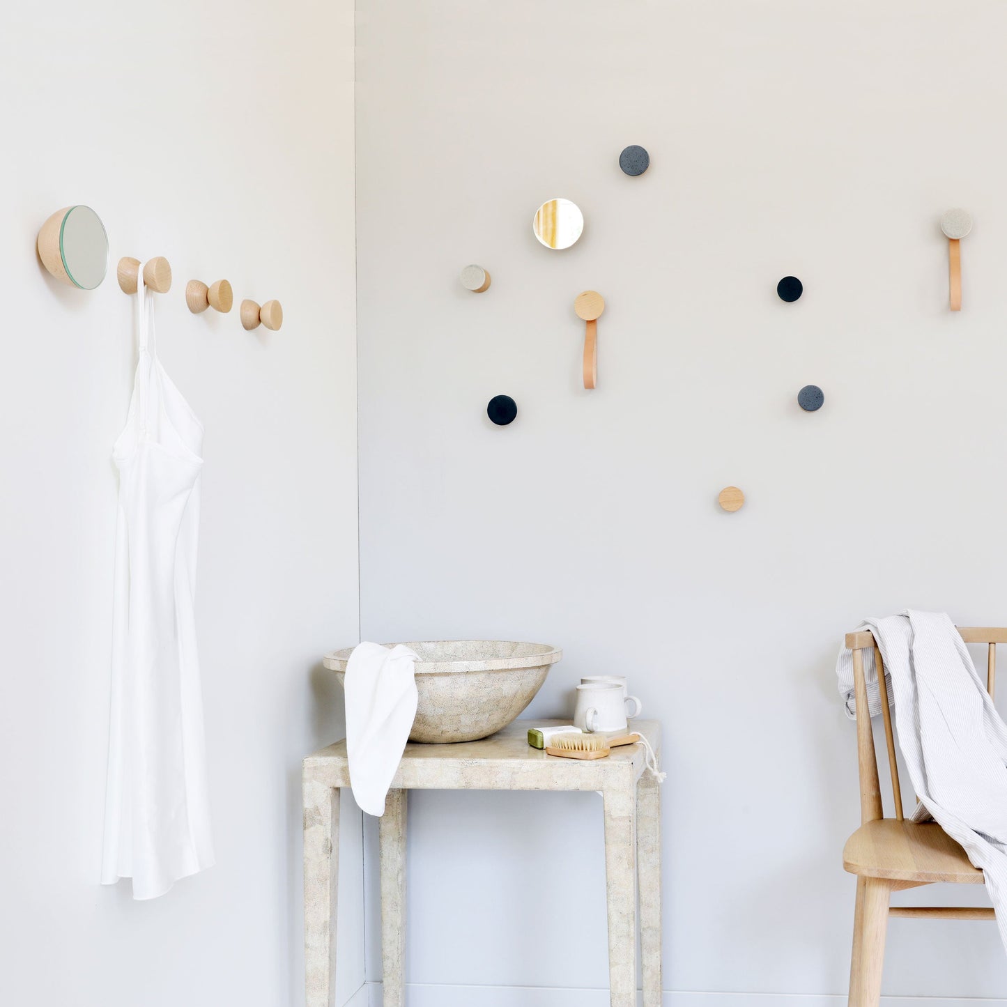 Round Beech Wood & Ceramic Wall Mounted Coat Hook / Hanger with Leather Strap - Grey Sand