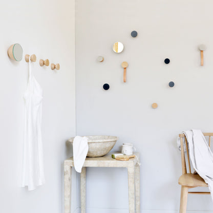 Round Beech Wood & Ceramic Wall Mounted Coat Hook / Hanger with Leather Strap - Grey Sand